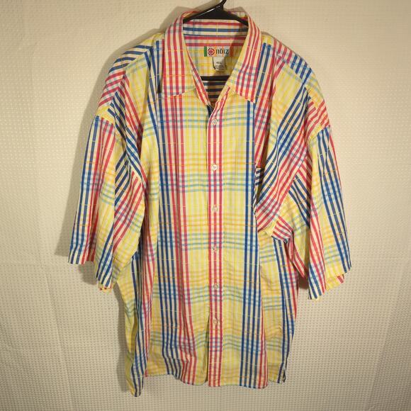 Noiz 4XL Button Down Shirt Men Plaid Yellow Red Blue Cotton Blend Short Sleeve - Picture 1 of 3